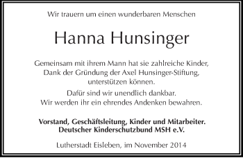 Traueranzeige von Hanna Hunsinger von Mitteldeutsche Zeitung Mansfelder Land