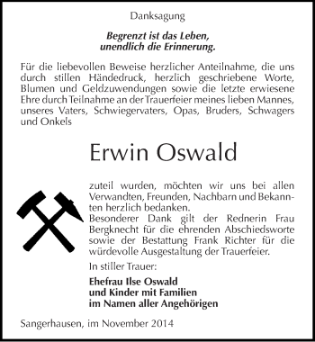Traueranzeige von Erwin Oswald von Mitteldeutsche Zeitung Sangerhausen