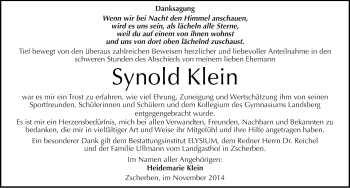 Traueranzeige von Synold Klein von Mitteldeutsche Zeitung Halle/Saalkreis