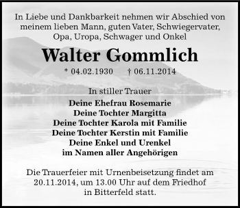 Traueranzeige von Walter Gommlich von Mitteldeutsche Zeitung Bitterfeld