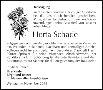 Traueranzeige von Herta Schade von Mitteldeutsche Zeitung Naumburg/Nebra