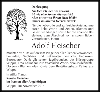 Traueranzeige von Adolf Fleischer von Mitteldeutsche Zeitung Mansfelder Land