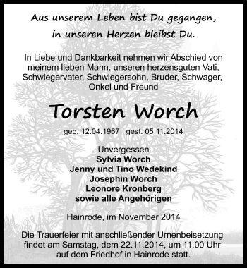 Traueranzeige von Torsten Worch von Mitteldeutsche Zeitung Sangerhausen