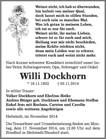 Traueranzeige von Willi Dockhorn von Mitteldeutsche Zeitung Mansfelder Land