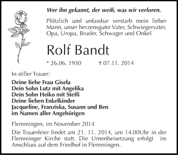 Traueranzeige von Rolf Bandt von Mitteldeutsche Zeitung Naumburg/Nebra