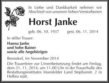 Traueranzeige von Horst Janke von Mitteldeutsche Zeitung Mansfelder Land