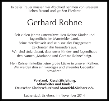 Traueranzeige von Gerhard Rohne von Mitteldeutsche Zeitung Mansfelder Land
