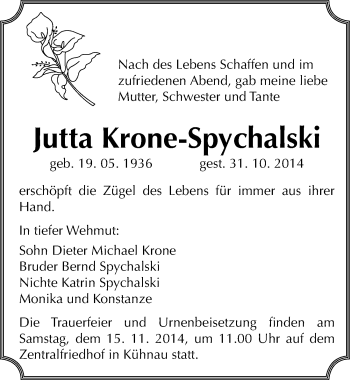 Traueranzeige von Jutta Krone-Spychalski von Mitteldeutsche Zeitung