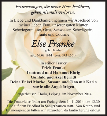 Traueranzeige von Else Franke von Mitteldeutsche Zeitung Sangerhausen