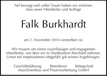 Traueranzeige von Falk Burkhardt von Mitteldeutsche Zeitung Sangerhausen