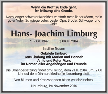 Traueranzeige von Hans- Joachim Limburg von Mitteldeutsche Zeitung Naumburg/Nebra