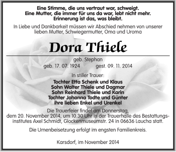 Traueranzeige von Dora Thiele von Mitteldeutsche Zeitung Naumburg/Nebra