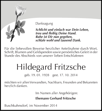 Traueranzeige von Hildegard Fritzsche von Mitteldeutsche Zeitung Wittenberg