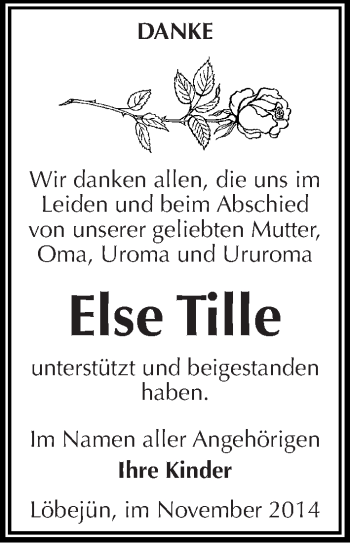 Traueranzeige von Else Tille von Mitteldeutsche Zeitung Halle/Saalkreis