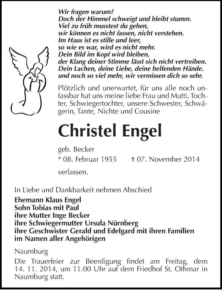  Traueranzeige für Christel Engel vom 12.11.2014 aus Mitteldeutsche Zeitung Naumburg/Nebra