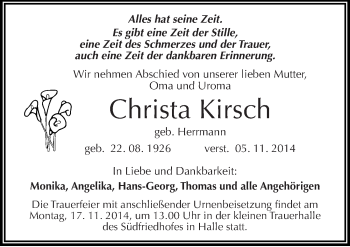 Traueranzeige von Christa Kirsch von Mitteldeutsche Zeitung Halle/Saalkreis
