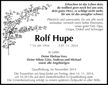Traueranzeige von Rolf Hupe von Mitteldeutsche Zeitung Quedlinburg