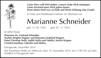 Traueranzeige von Marianne Schneider von Mitteldeutsche Zeitung Quedlinburg