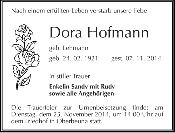 Traueranzeige von Dora Hofmann von Mitteldeutsche Zeitung