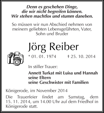 Traueranzeige von Jörg Reiber von Mitteldeutsche Zeitung