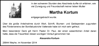 Traueranzeige von Martha Kortum von Mitteldeutsche Zeitung Mansfelder Land