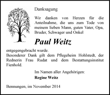 Traueranzeige von Paul Weitz von Mitteldeutsche Zeitung Sangerhausen