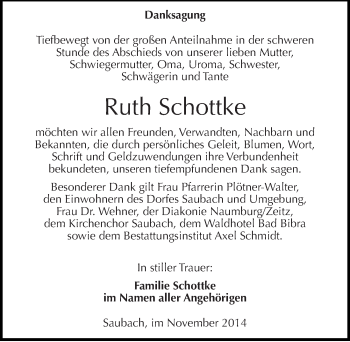 Traueranzeige von Ruth Schottke von Mitteldeutsche Zeitung Naumburg/Nebra