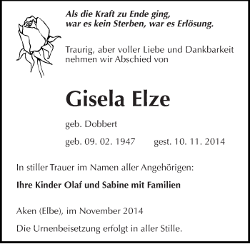 Traueranzeige von Gisela Elze von Mitteldeutsche Zeitung Köthen