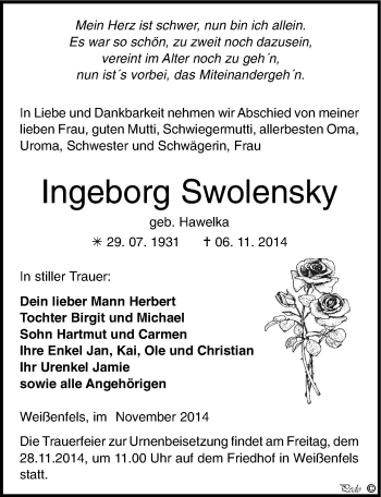 Traueranzeige von Ingeborg Swolensky von Mitteldeutsche Zeitung Weißenfels