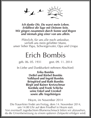 Traueranzeige von Erich Bombis von Mitteldeutsche Zeitung Aschersleben