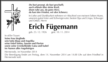 Traueranzeige von Erich Fügemann von Mitteldeutsche Zeitung Mansfelder Land