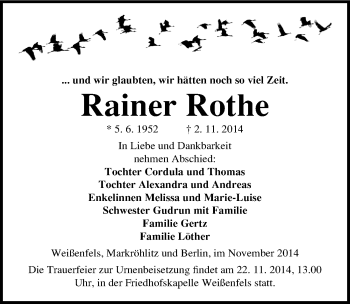 Traueranzeige von Rainer Rothe von Mitteldeutsche Zeitung Weißenfels