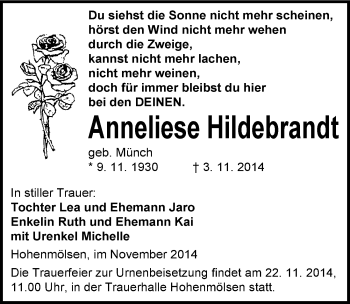 Traueranzeige von Anneliese Hildebrandt von Mitteldeutsche Zeitung Weißenfels