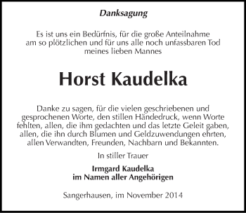 Traueranzeige von Horst Kaudelka von Mitteldeutsche Zeitung