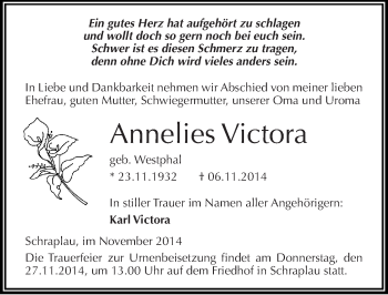 Traueranzeige von Annelies Victora von Mitteldeutsche Zeitung Merseburg/Querfurt