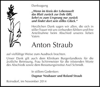 Traueranzeige von Anton Straub von Mitteldeutsche Zeitung Naumburg/Nebra