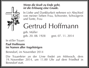 Traueranzeige von Gertrud Hoffmann von Mitteldeutsche Zeitung Mansfelder Land
