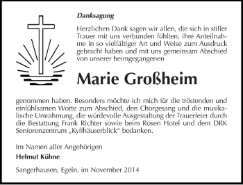 Traueranzeige von Marie Großheim von Mitteldeutsche Zeitung Sangerhausen