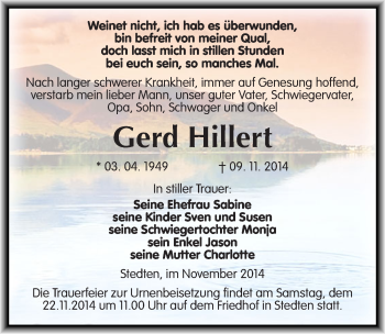 Traueranzeige von Gerd Hillert von Mitteldeutsche Zeitung Mansfelder Land