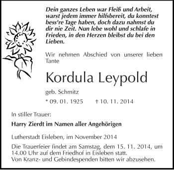 Traueranzeige von Kordula Leypold von Mitteldeutsche Zeitung Mansfelder Land