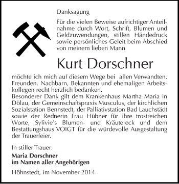 Traueranzeige von Kurt Dorschner von Mitteldeutsche Zeitung Halle/Saalkreis