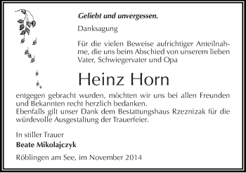 Traueranzeige von Heinz Horn von Mitteldeutsche Zeitung Mansfelder Land