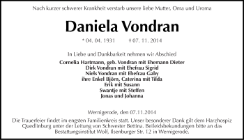 Traueranzeige von Daniela Vondran von Mitteldeutsche Zeitung Quedlinburg