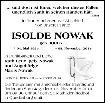 Traueranzeige von Isolde Nowak von Mitteldeutsche Zeitung Quedlinburg