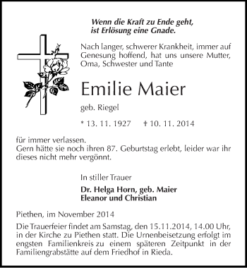 Traueranzeige von Emilie Maier von Mitteldeutsche Zeitung Köthen