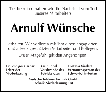 Traueranzeige von Arnulf Wünsche von Mitteldeutsche Zeitung Sangerhausen