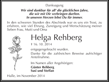 Traueranzeige von Helga Rehberg von Mitteldeutsche Zeitung Halle/Saalkreis