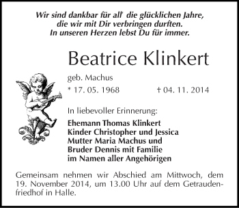 Traueranzeige von Beatrice Klinkert von Mitteldeutsche Zeitung Halle/Saalkreis