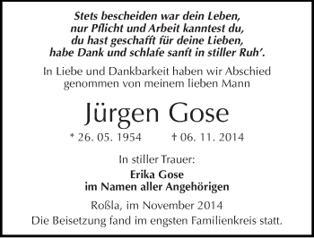 Traueranzeige von Jürgen Gose von Mitteldeutsche Zeitung Sangerhausen