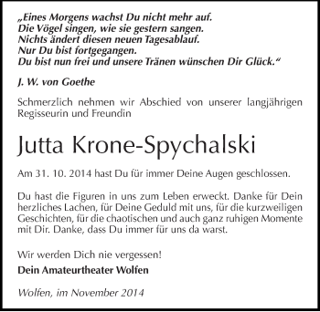 Traueranzeige von Jutta Krone-Spychalski von Mitteldeutsche Zeitung